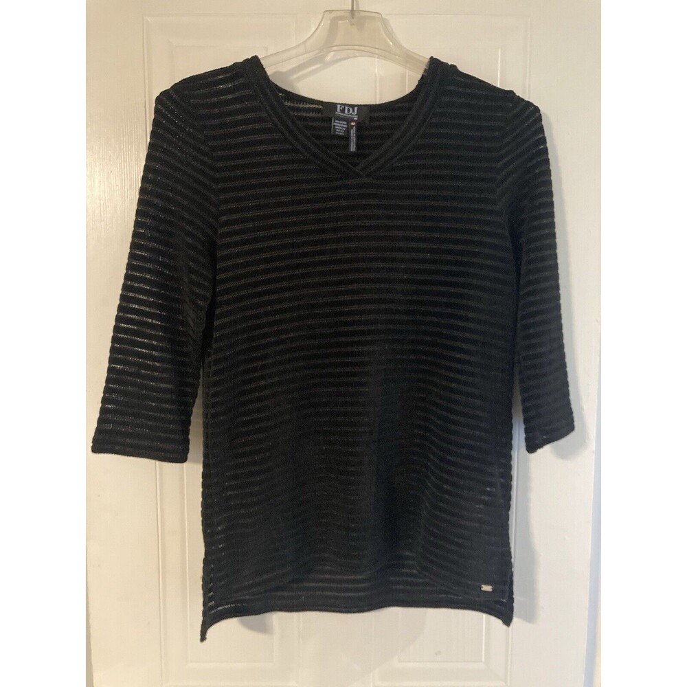 Y2K Womens Black Sheer Top Size S/P Basic V-Neck 3/4 Sleeve Whimsigoth Goth